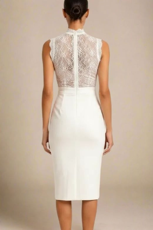 Woman wearing a figure flattering  Lori Bodycon Dress - White Pearl BODYCON COLLECTION Pty Ltd