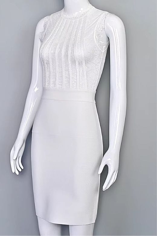 Woman wearing a figure flattering  Lori Bodycon Dress - White Pearl BODYCON COLLECTION Pty Ltd