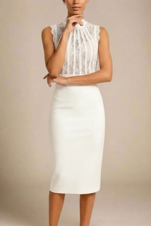 Woman wearing a figure flattering  Lori Bodycon Dress - White Pearl BODYCON COLLECTION Pty Ltd