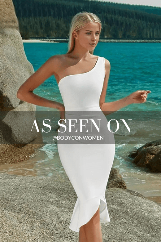Woman wearing a figure flattering  Lucina Bandage Midi Dress - Pearl White BODYCON COLLECTION