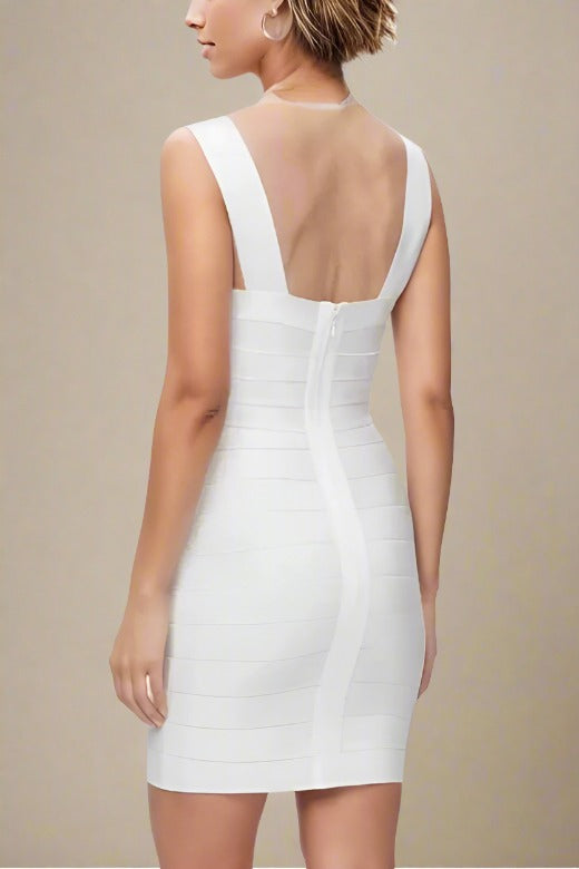 Woman wearing a figure flattering  Lulu Bandage Mini Dress - Pearl White BODYCON COLLECTION