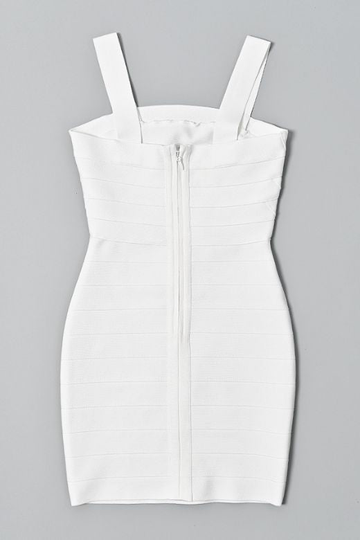 Woman wearing a figure flattering  Lulu Bandage Mini Dress - Pearl White BODYCON COLLECTION