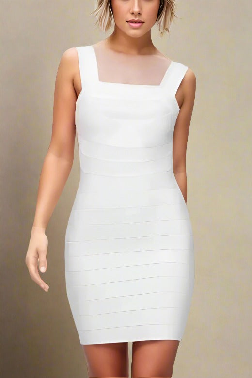 Woman wearing a figure flattering  Lulu Bandage Mini Dress - Pearl White BODYCON COLLECTION