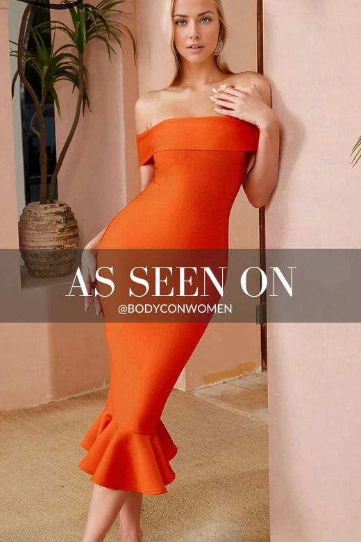 Woman wearing a figure flattering  Mandy Bodycon Midi Dress - Apricot Orange BODYCON COLLECTION