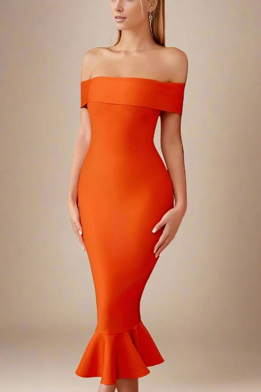 Woman wearing a figure flattering  Mandy Bodycon Midi Dress - Apricot Orange BODYCON COLLECTION