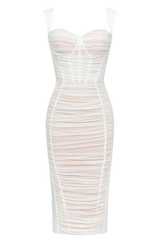 Woman wearing a figure flattering  Marilyn Bodycon Wrap Midi Dress - Pearl White BODYCON COLLECTION