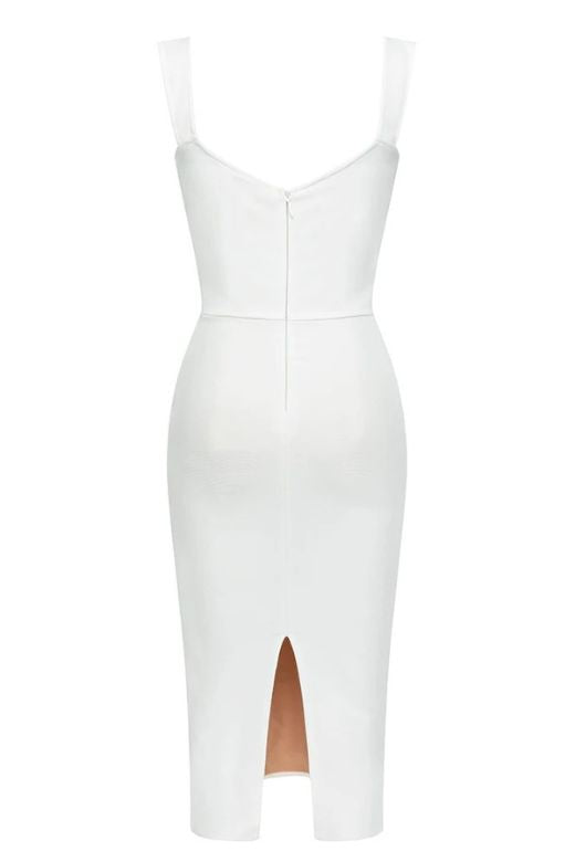 Woman wearing a figure flattering  Marilyn Bodycon Wrap Midi Dress - Pearl White BODYCON COLLECTION