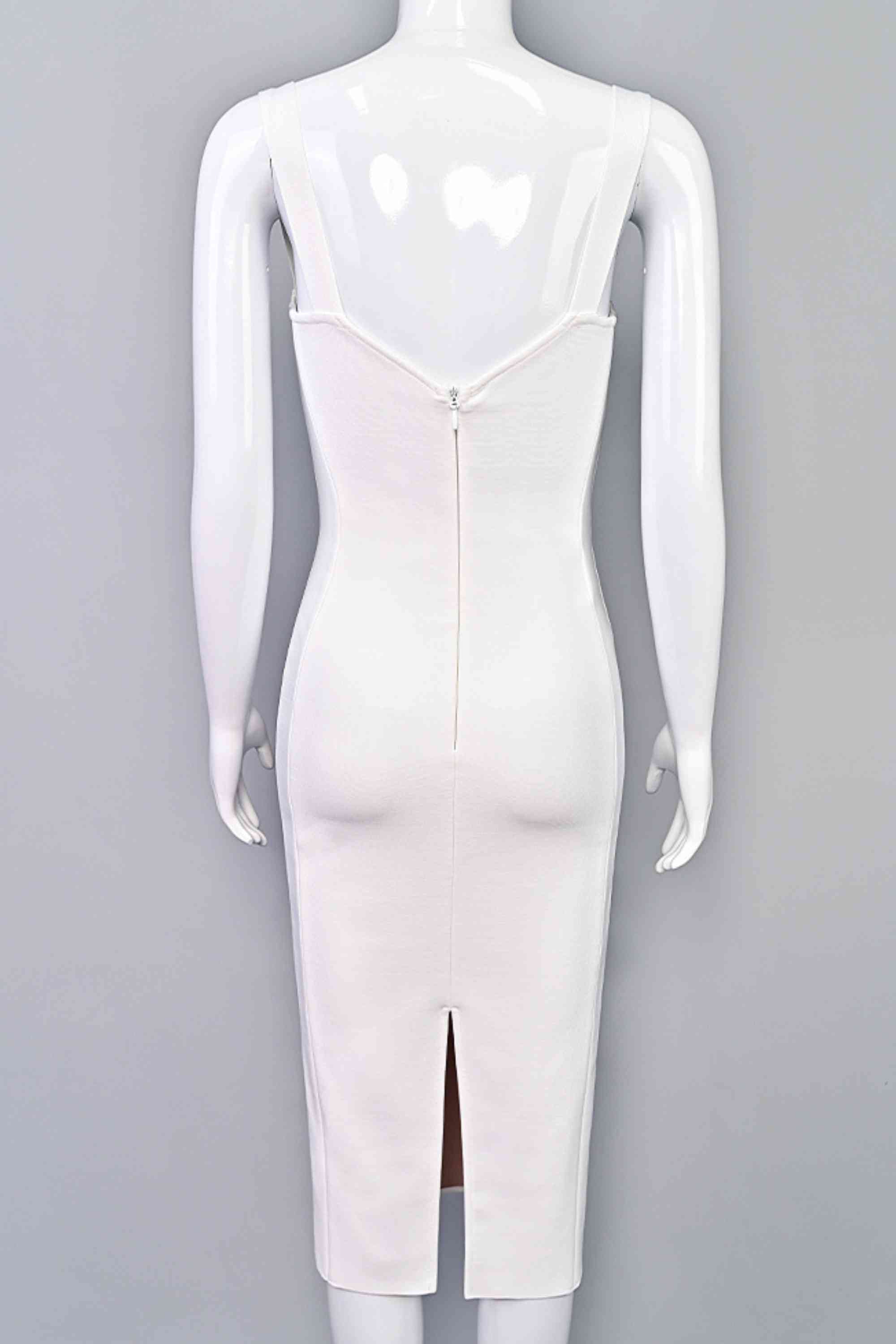 Woman wearing a figure flattering  Marilyn Bodycon Wrap Midi Dress - Pearl White BODYCON COLLECTION
