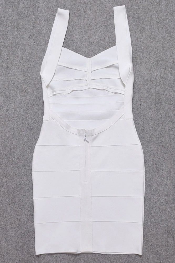 Woman wearing a figure flattering  Maya Bandage Mini Dress - Pearl White BODYCON COLLECTION