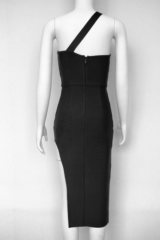 Woman wearing a figure flattering  Mia Bodycon Midi Dress - Classic Black BODYCON COLLECTION Pty Ltd