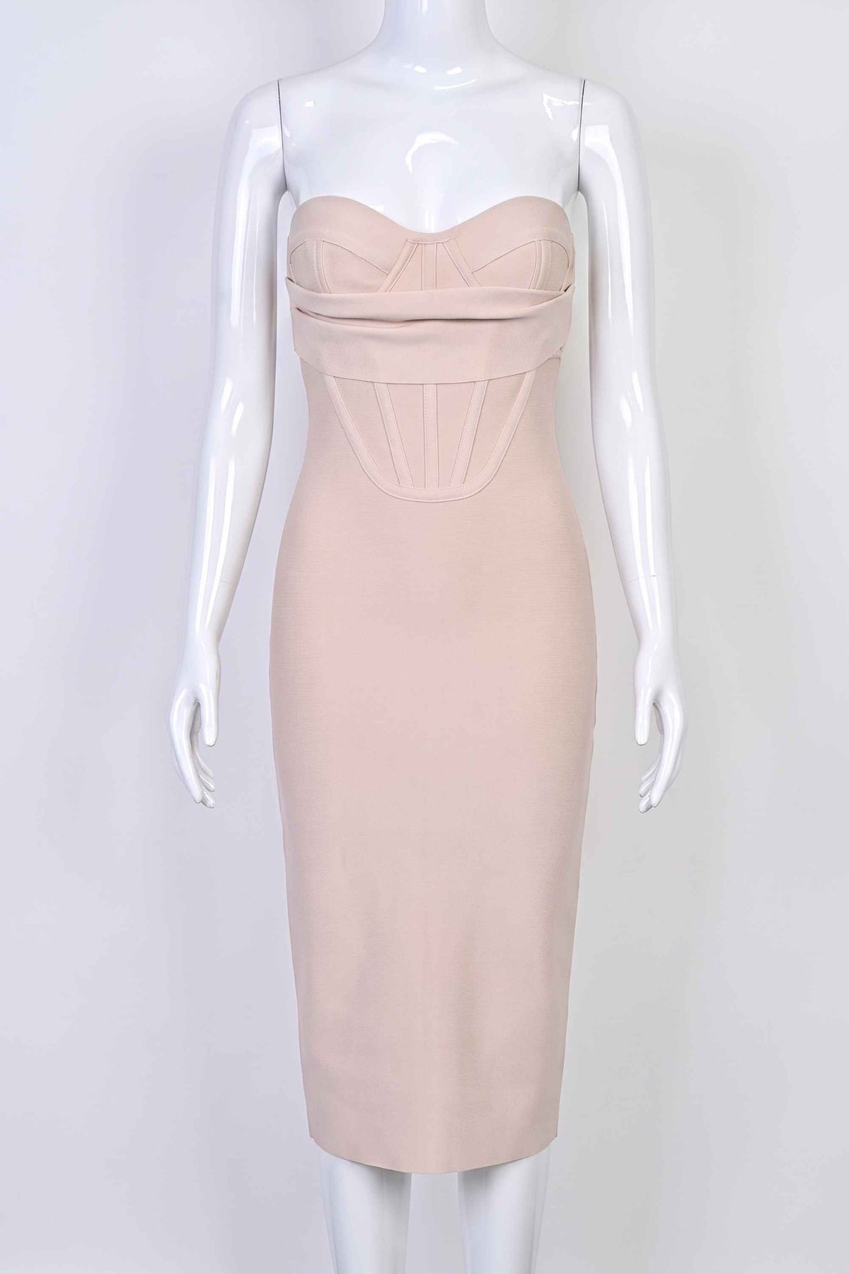 Woman wearing a figure flattering  Miles Bodycon Midi Dress - Nude BODYCON COLLECTION