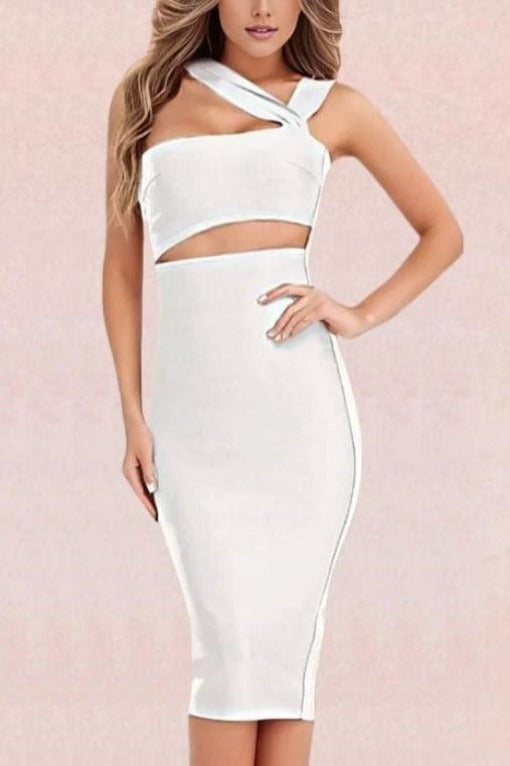 Woman wearing a figure flattering  Molly Bandage Midi Dress - Pearl White BODYCON COLLECTION