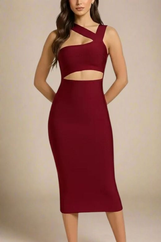 Woman wearing a figure flattering  Molly Bandage Midi Dress - Red Wine BODYCON COLLECTION