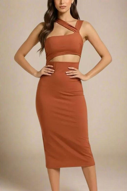 Woman wearing a figure flattering  Molly Bandage Midi Dress - Tan Brown BODYCON COLLECTION