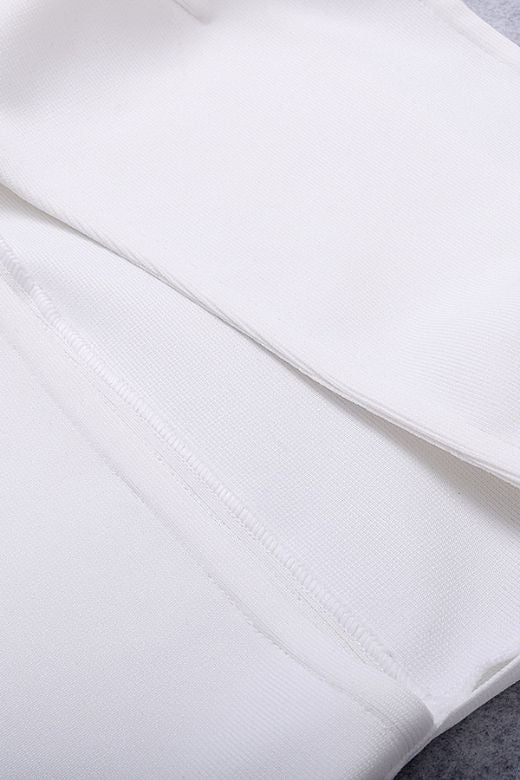 Woman wearing a figure flattering  Molly Bandage Midi Dress - White Pearl BODYCON COLLECTION