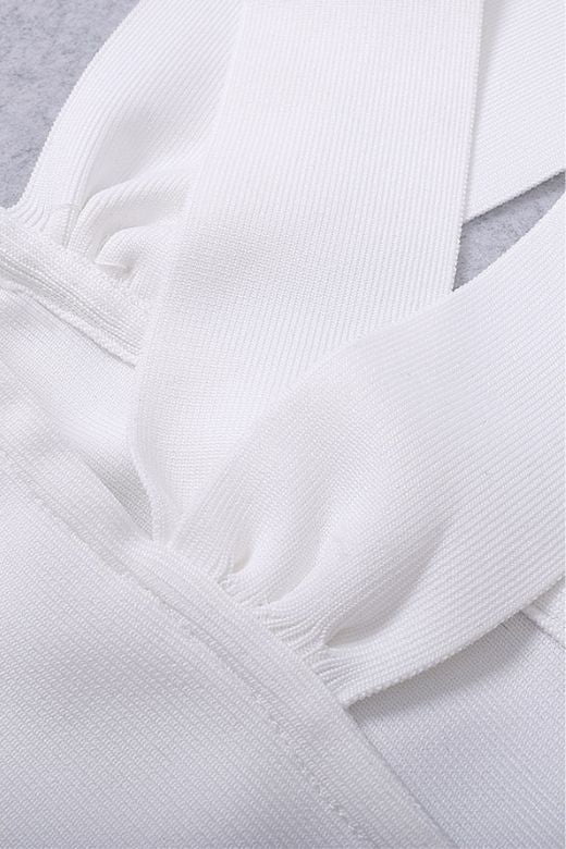 Woman wearing a figure flattering  Molly Bandage Midi Dress - White Pearl BODYCON COLLECTION