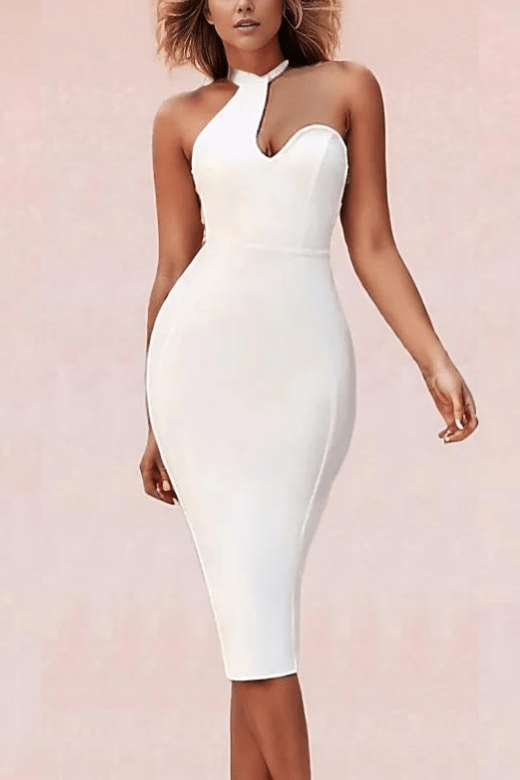 Woman wearing a figure flattering  Nicky Bandage Midi Dress - Pearl White Bodycon Collection