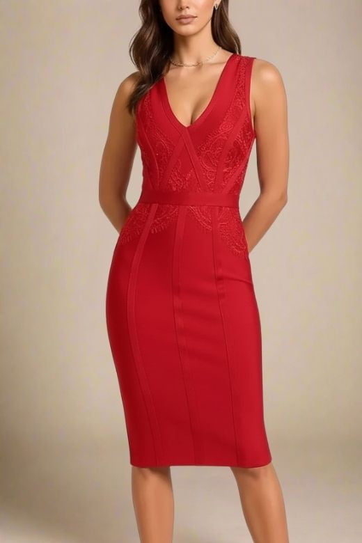 Woman wearing a figure flattering  Noa V Neck Bodycon Dress - Red Wine BODYCON COLLECTION