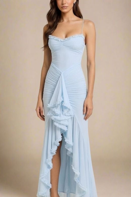 Woman wearing a figure flattering  Noah Bodycon Wrap Midi Dress - Sky Blue BODYCON COLLECTION