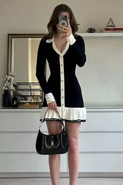 Woman wearing a figure flattering  Nola Long Sleeve Bodycon Mini Dress - Classic Black BODYCON COLLECTION