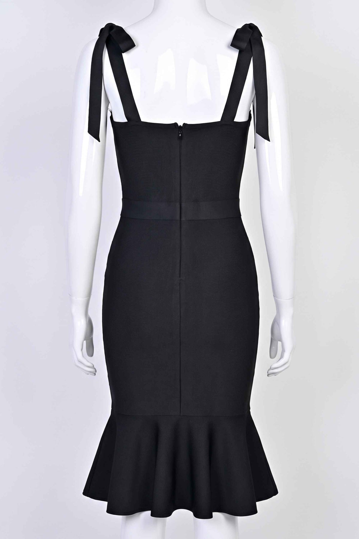 Woman wearing a figure flattering  Nora Bandage Midi Dress - Classic Black BODYCON COLLECTION