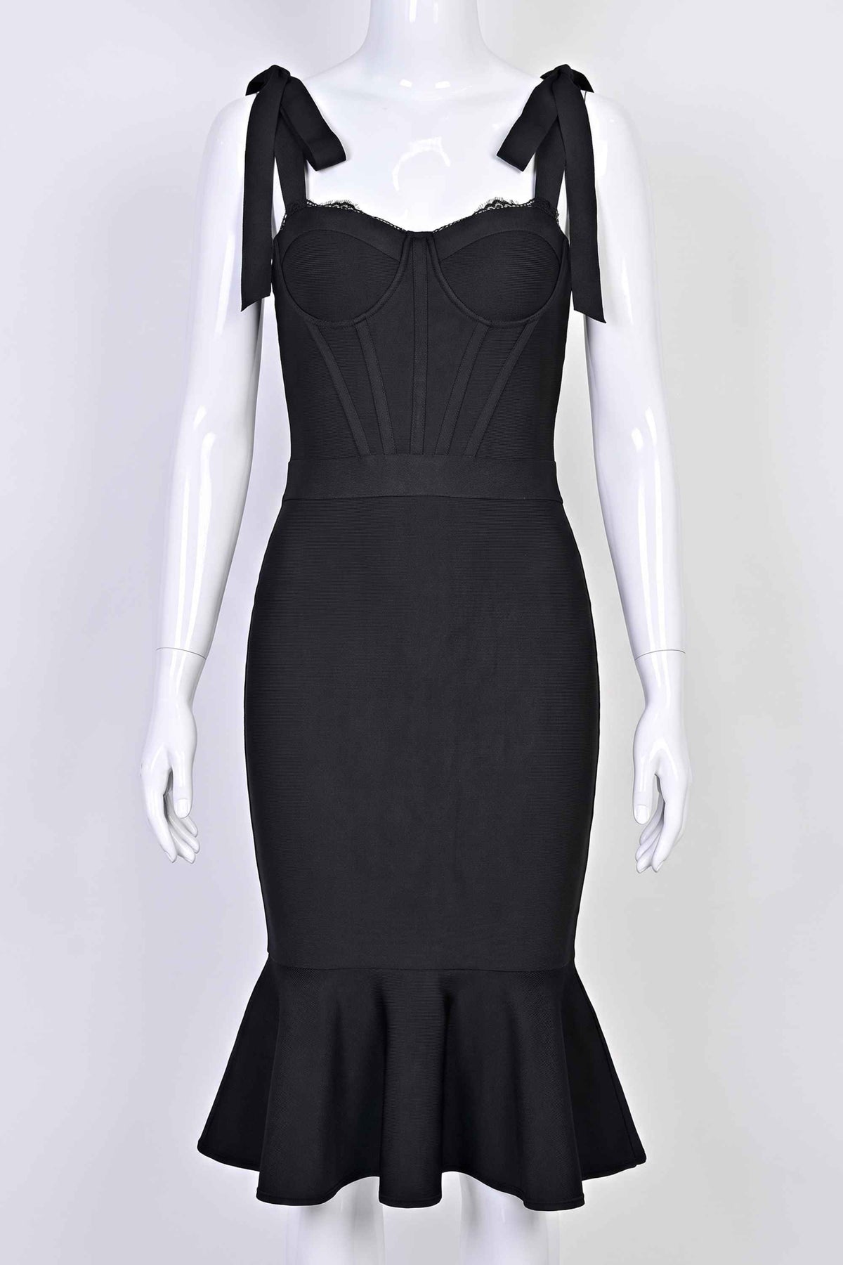 Woman wearing a figure flattering  Nora Bandage Midi Dress - Classic Black BODYCON COLLECTION