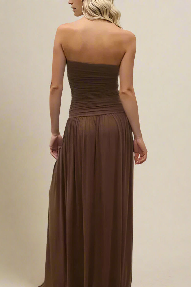 Woman wearing a figure flattering  North Wrap Maxi Dress - Chocolate Brown BODYCON COLLECTION Pty Ltd