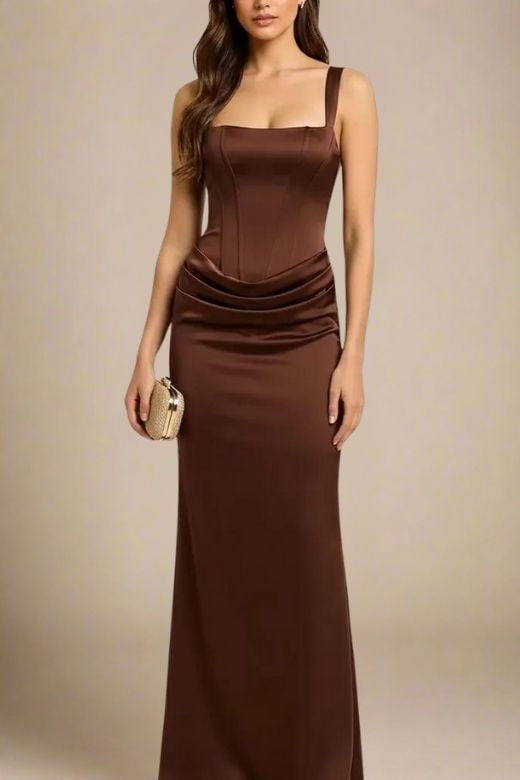 Woman wearing a figure flattering  Nova Bodycon Wrap Maxi Dress - Coffee Brown BODYCON COLLECTION Pty Ltd