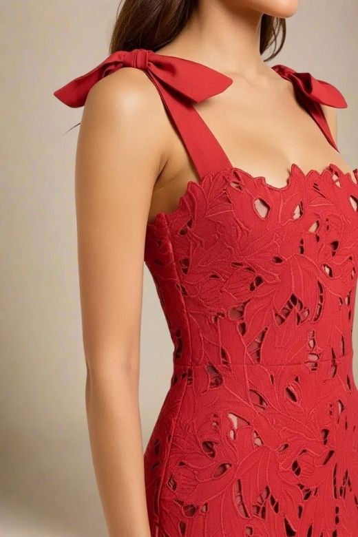 Woman wearing a figure flattering  Odette Bodycon Lace Maxi Dress - Lipstick Red BODYCON COLLECTION