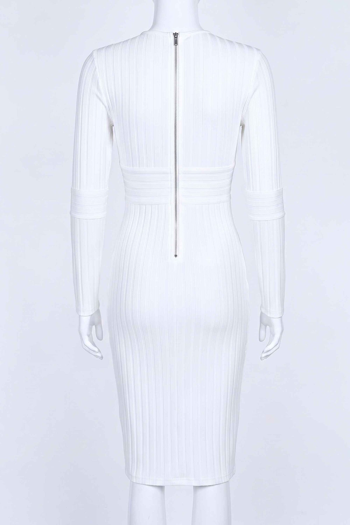 Woman wearing a figure flattering  Olivia Long Sleeve Bandage Dress - White Pearl Bodycon Collection