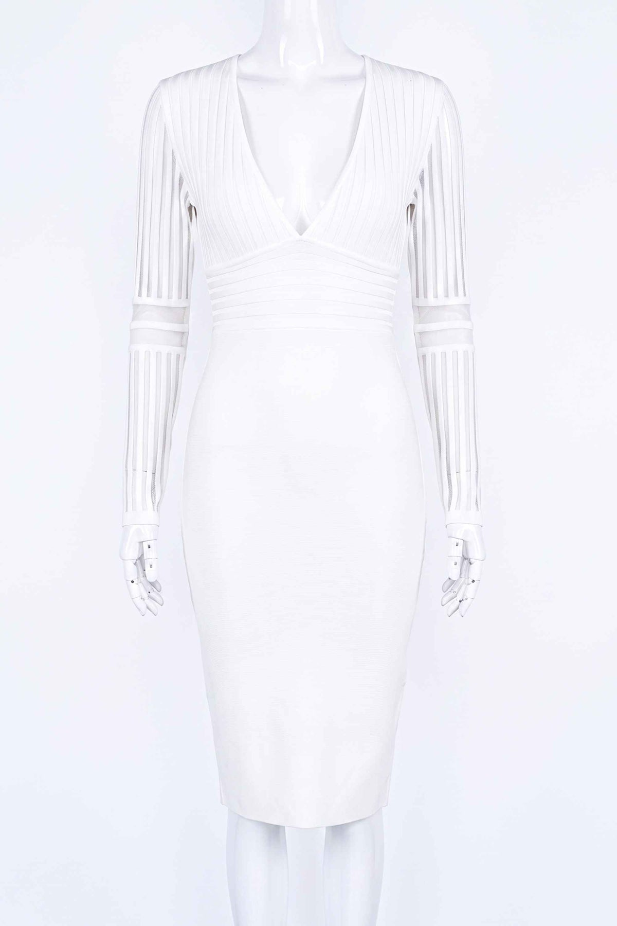 Woman wearing a figure flattering  Olivia Long Sleeve Bandage Midi Dress - Pearl White Bodycon Collection