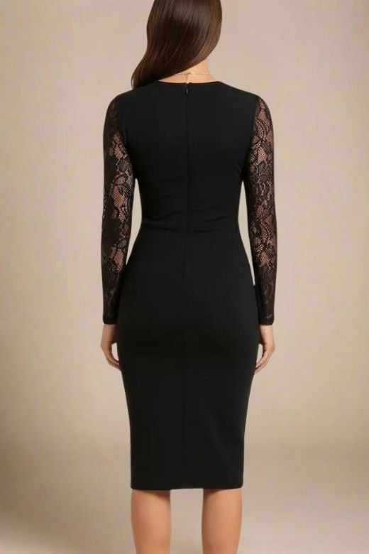 Woman wearing a figure flattering  Opal Long Sleeve Bodycon Dress - Classic Black BODYCON COLLECTION Pty Ltd
