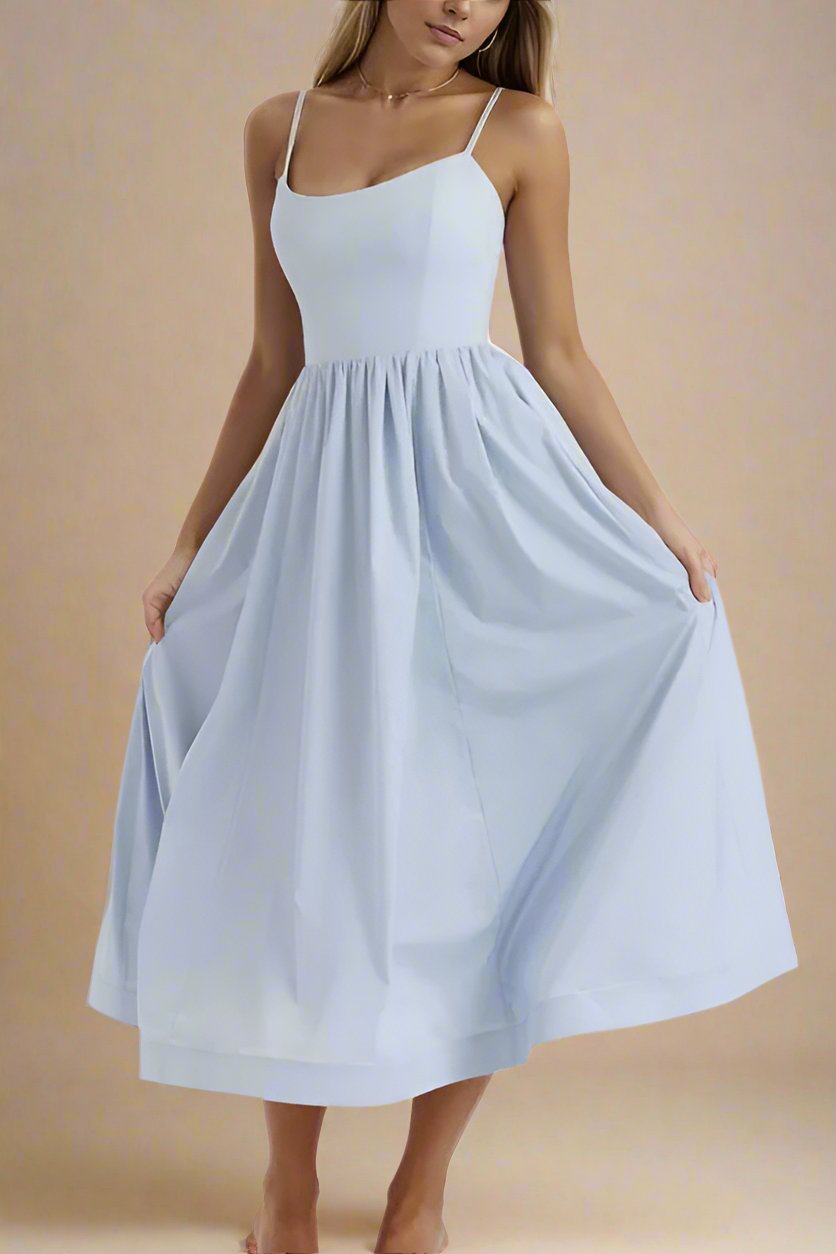 Woman wearing a figure flattering  Paloma Bodycon Midi Dress - Baby Blue BODYCON COLLECTION