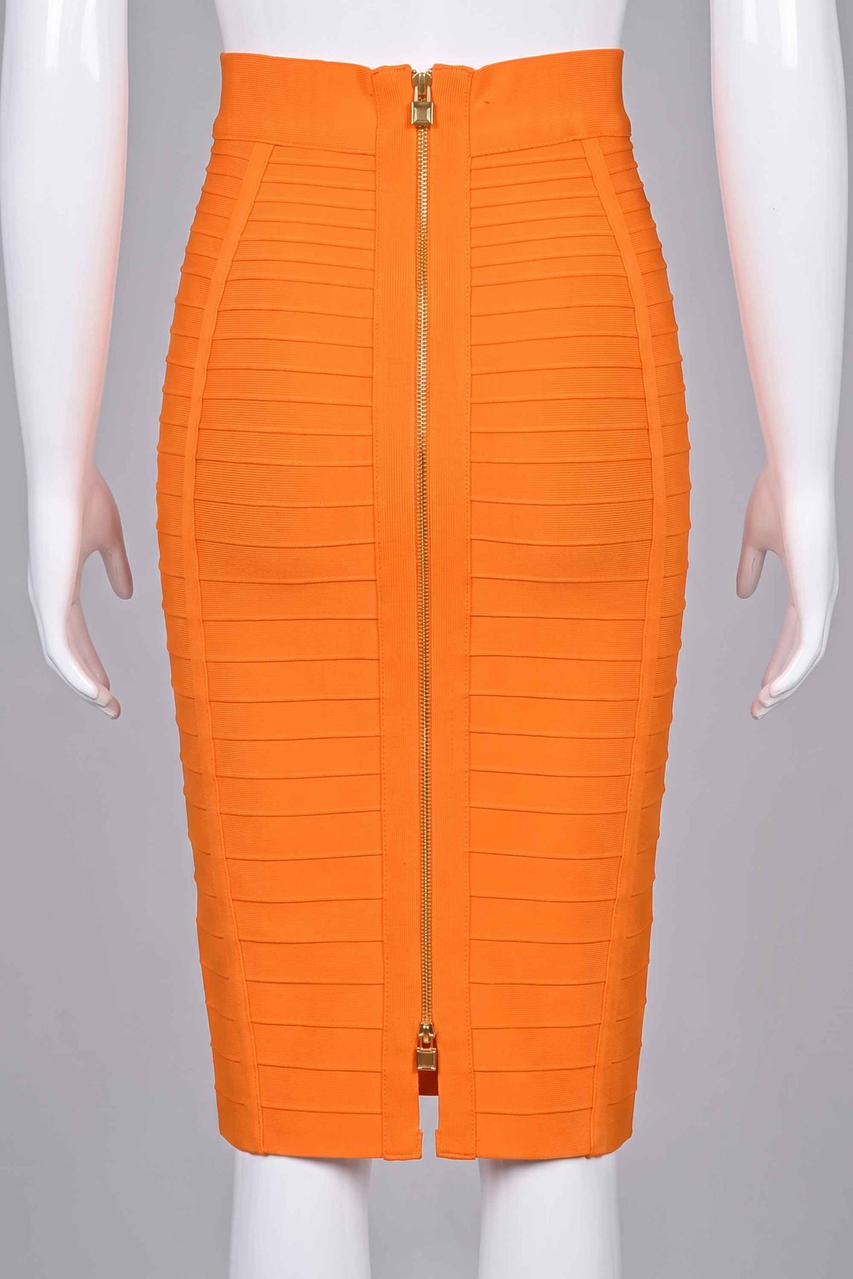 Woman wearing a figure flattering  Pencil High Waist Bandage Knee Length Knitted Skirt - Apricot Orange BODYCON COLLECTION