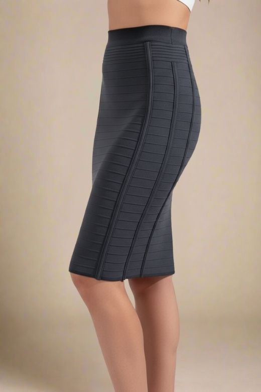Woman wearing a figure flattering  Pencil High Waist Bandage Knee Length Knitted Skirt - Classic Black BODYCON COLLECTION