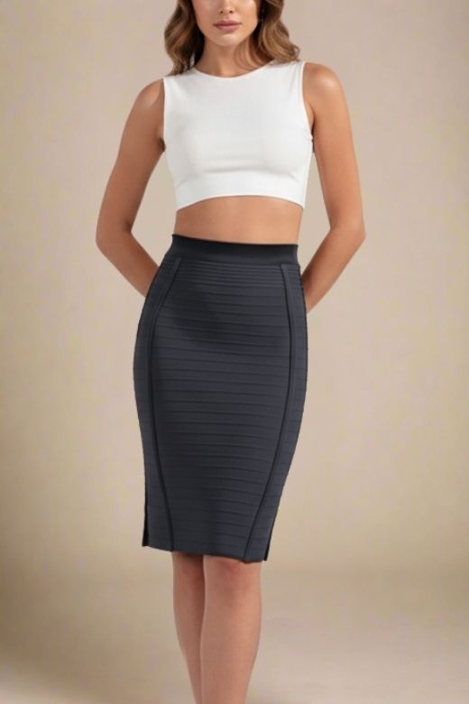 Woman wearing a figure flattering  Pencil High Waist Bandage Knee Length Knitted Skirt - Classic Black BODYCON COLLECTION
