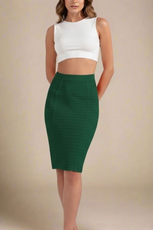 Woman wearing a figure flattering  Pencil High Waist Bandage Knee Length Knitted Skirt - Emerald Green BODYCON COLLECTION