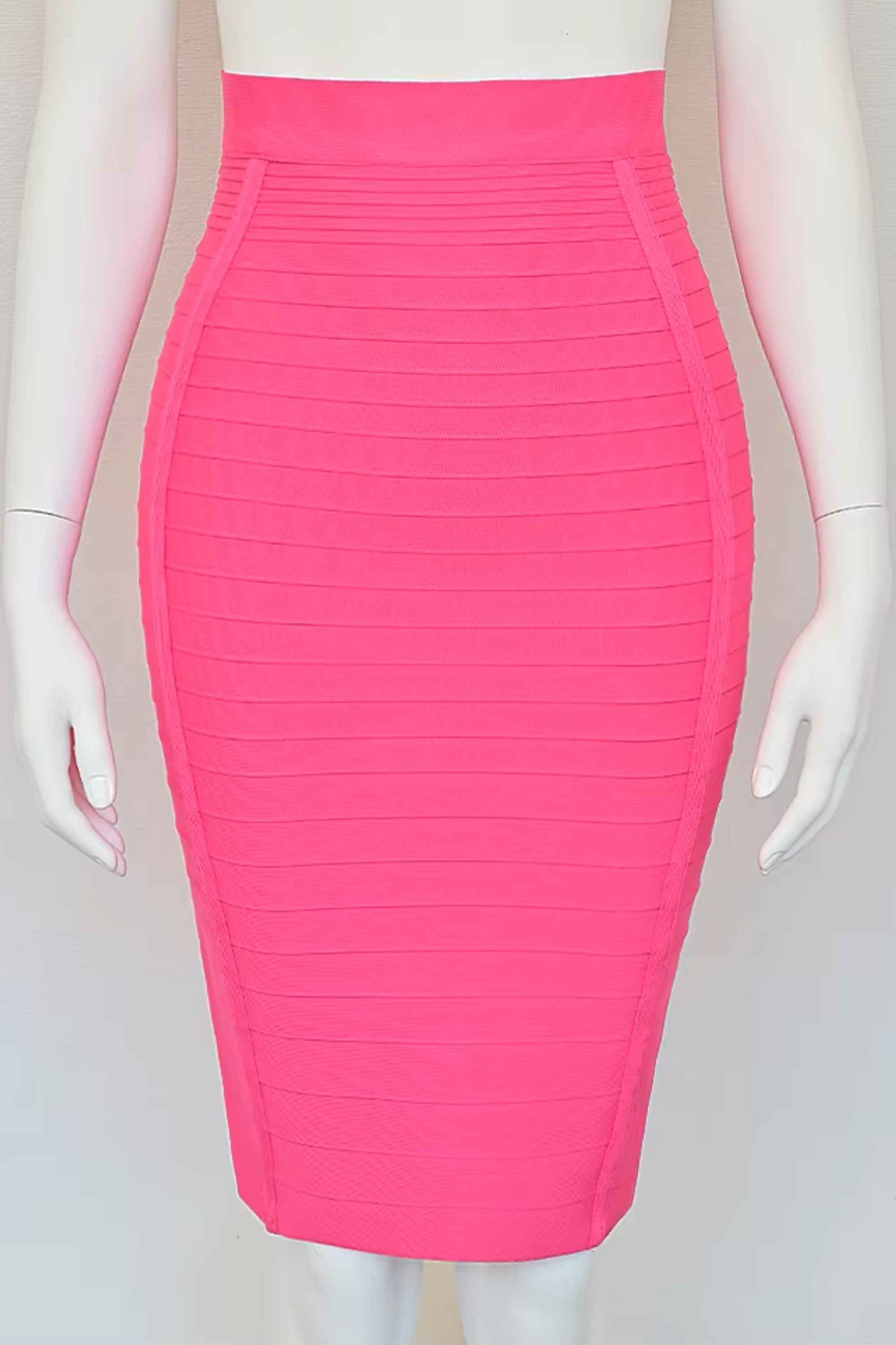 Woman wearing a figure flattering  Pencil High Waist Bandage Knee Length Knitted Skirt - Hot Pink BODYCON COLLECTION