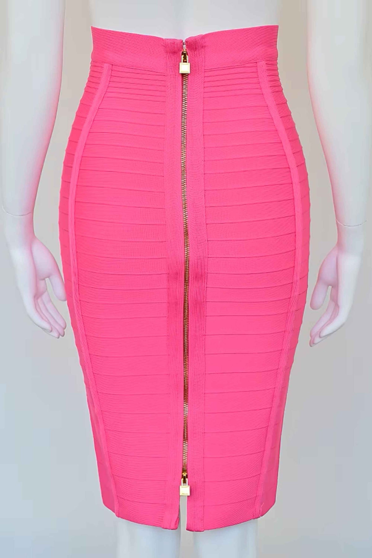 Woman wearing a figure flattering  Pencil High Waist Bandage Knee Length Knitted Skirt - Hot Pink BODYCON COLLECTION