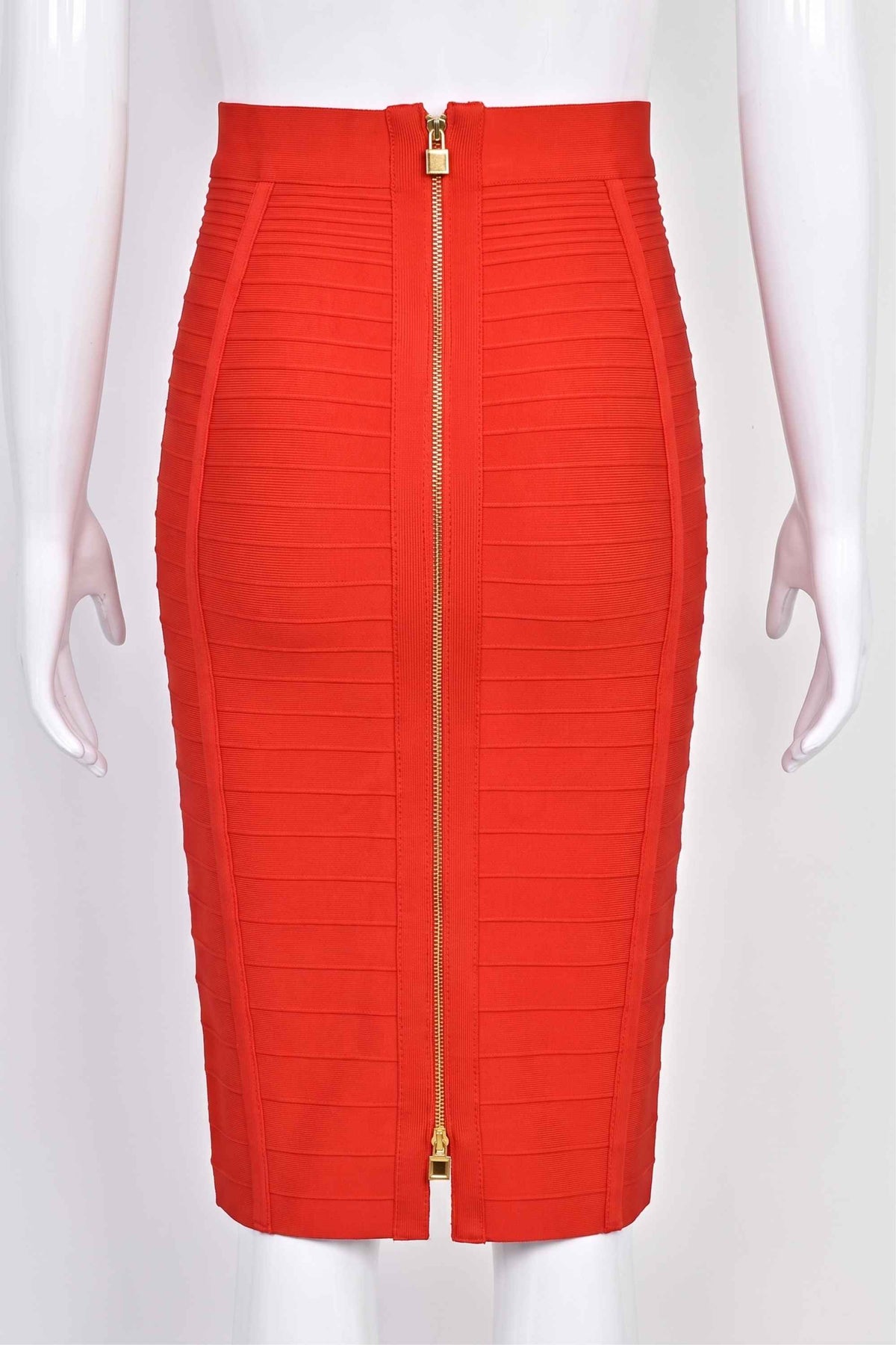 Woman wearing a figure flattering  Pencil High Waist Bandage Knee Length Knitted Skirt - Lipstick Red BODYCON COLLECTION