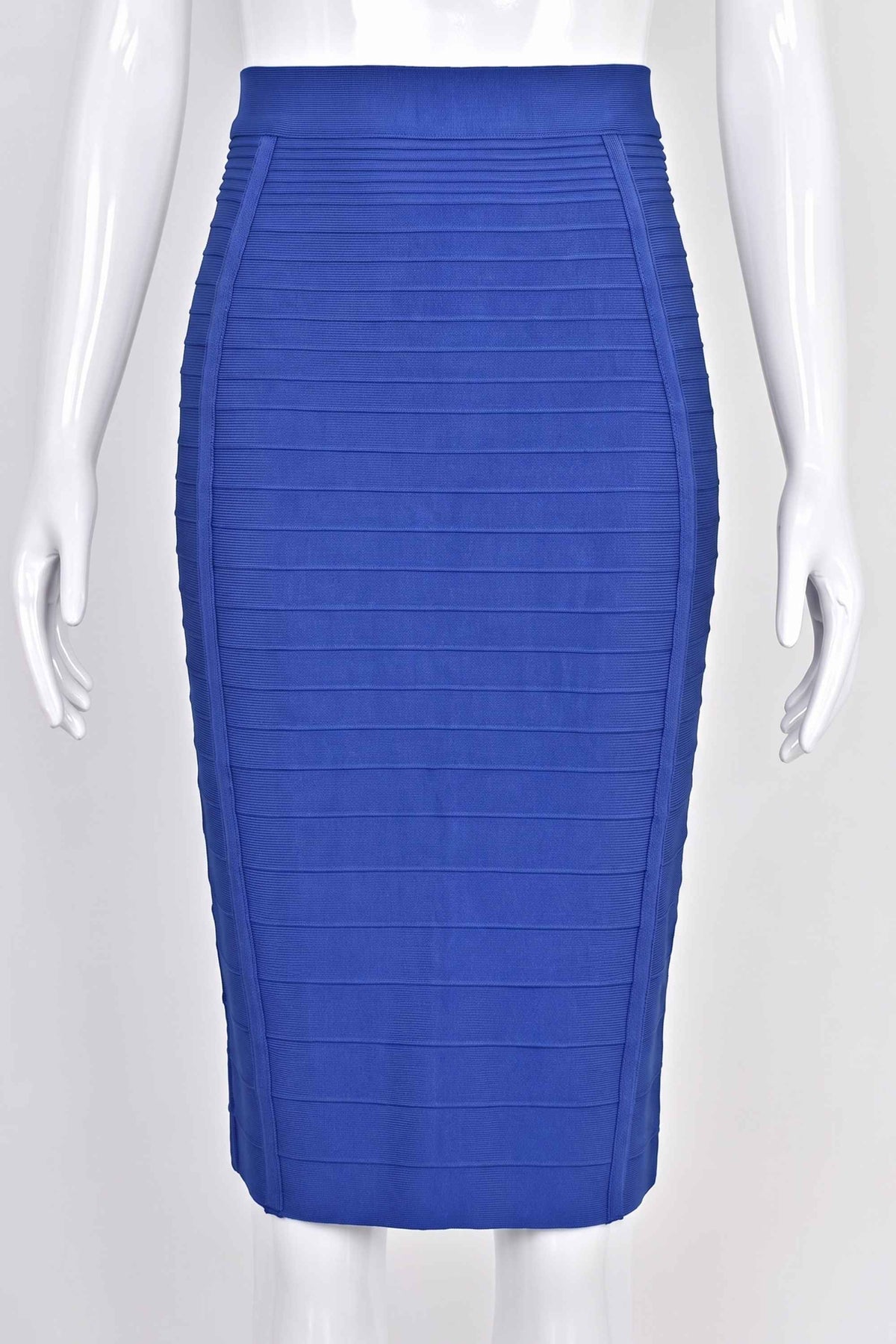 Woman wearing a figure flattering  Pencil High Waist Bandage Knee Length Knitted Skirt - Navy Blue BODYCON COLLECTION