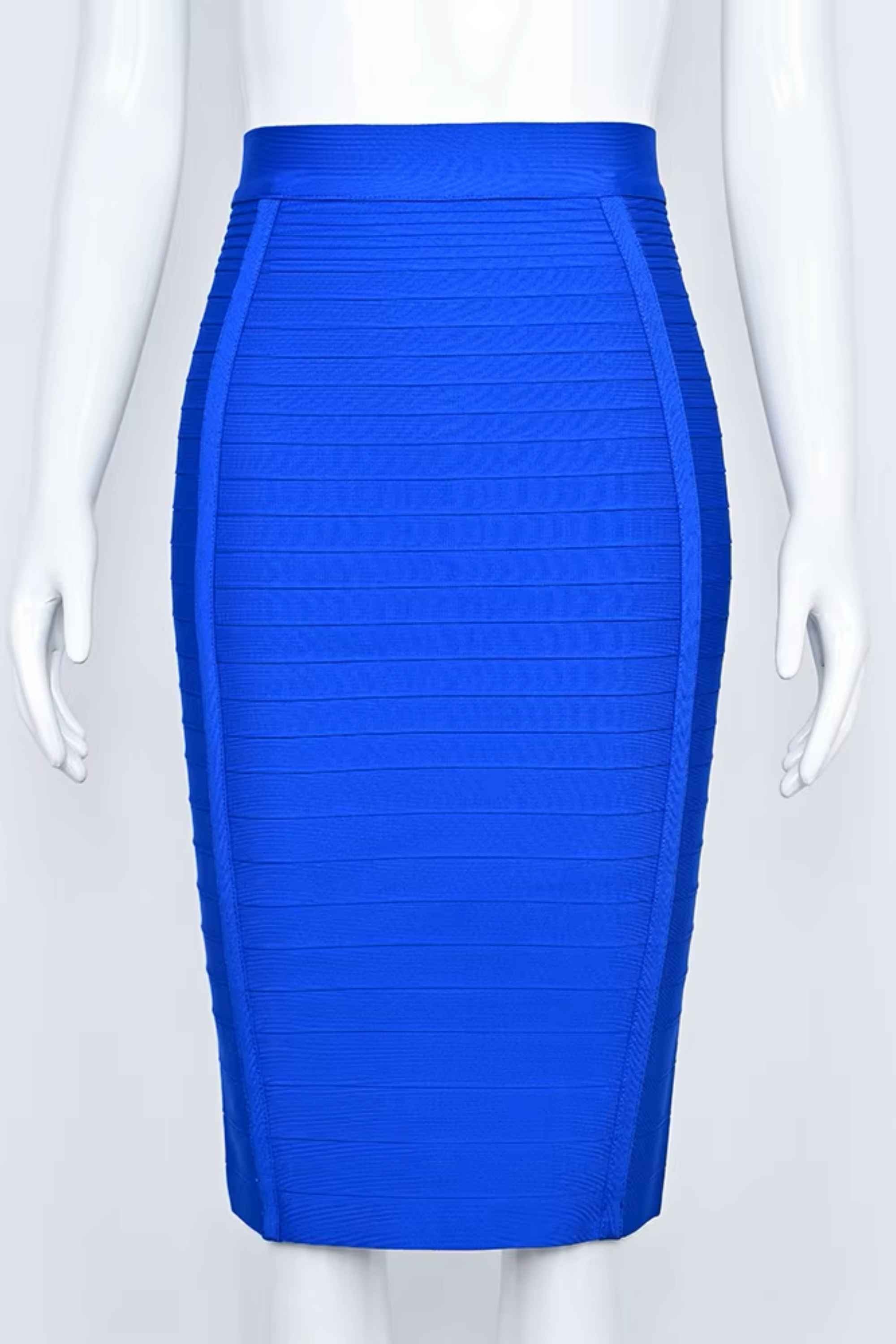 Woman wearing a figure flattering  Pencil High Waist Bandage Knee Length Knitted Skirt - Royal Blue BODYCON COLLECTION