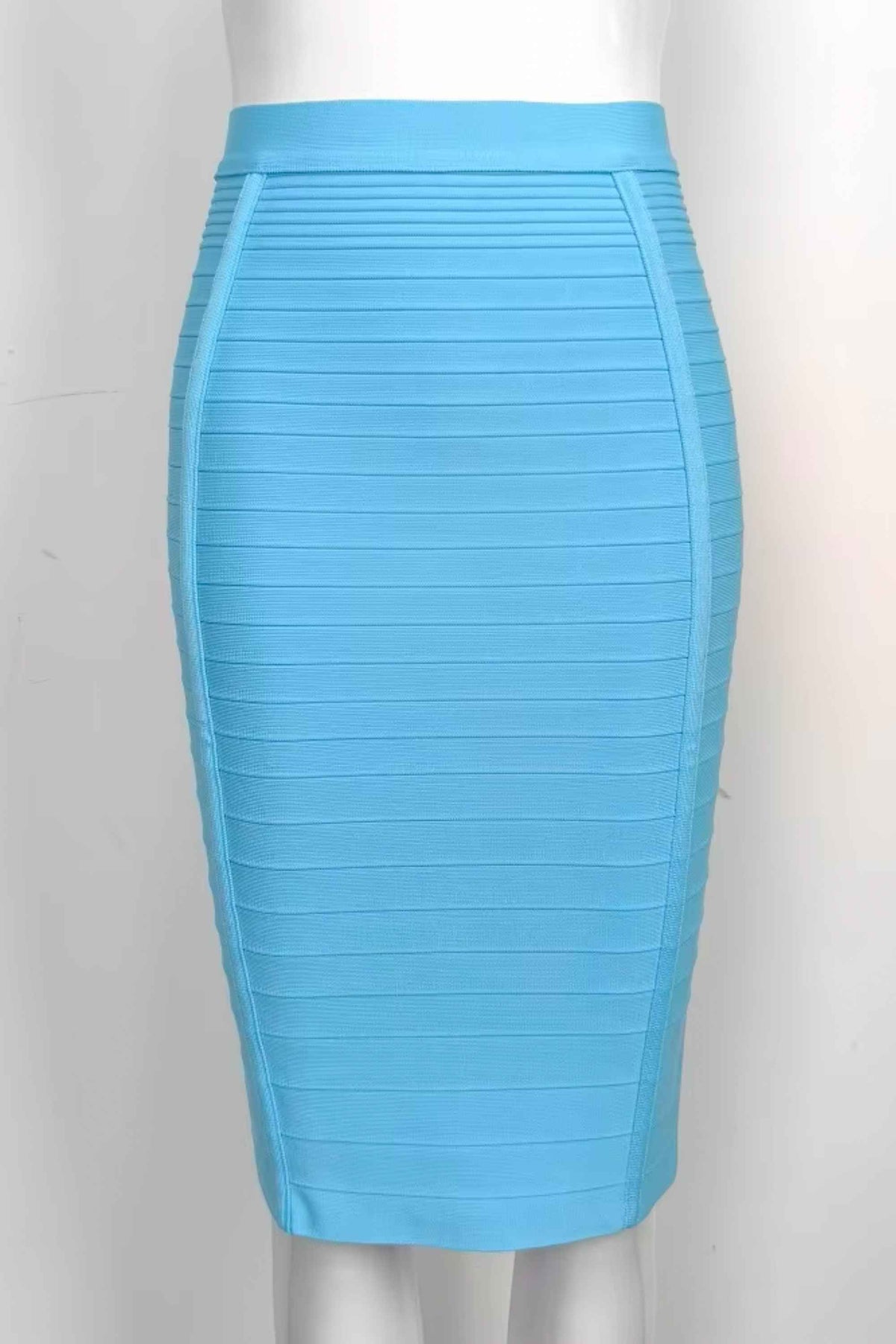 Woman wearing a figure flattering  Pencil High Waist Bandage Knee Length Knitted Skirt - Sky Blue BODYCON COLLECTION
