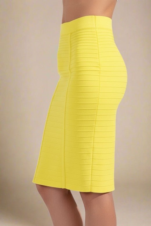 Woman wearing a figure flattering  Pencil High Waist Bandage Knee Length Knitted Skirt - Sun Yellow BODYCON COLLECTION