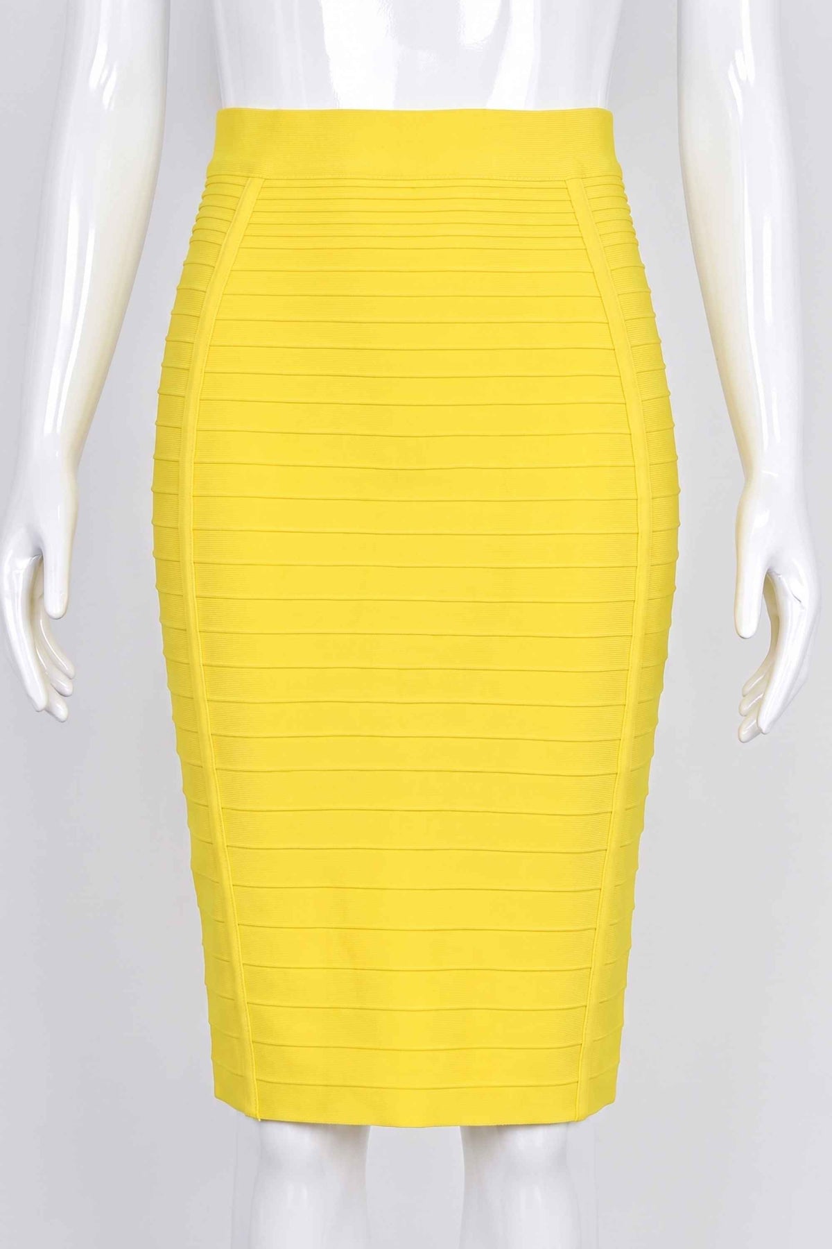 Woman wearing a figure flattering  Pencil High Waist Bandage Knee Length Knitted Skirt - Sun Yellow BODYCON COLLECTION
