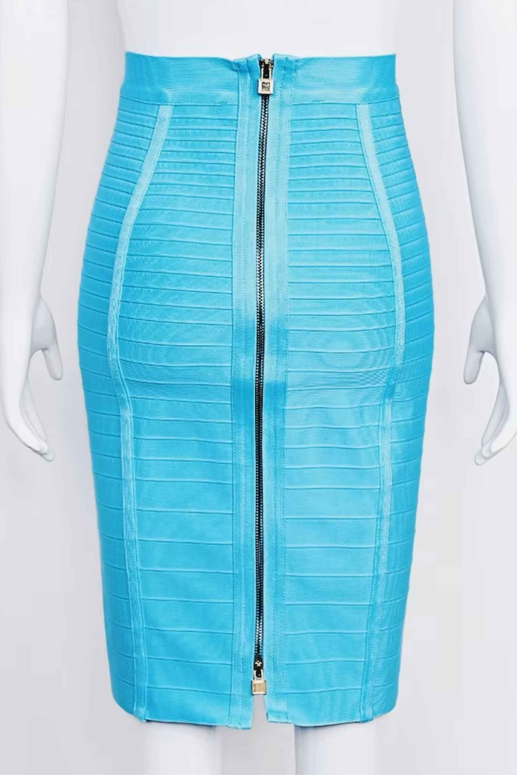 Woman wearing a figure flattering  Pencil High Waist Bandage Knee Length Knitted Skirt - Turquoise Blue BODYCON COLLECTION