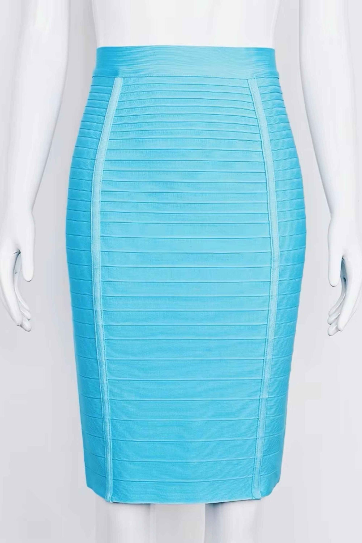 Woman wearing a figure flattering  Pencil High Waist Bandage Knee Length Knitted Skirt - Turquoise Blue BODYCON COLLECTION