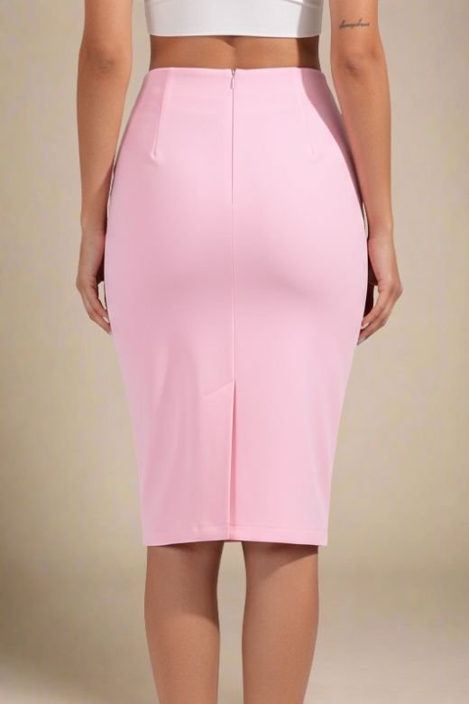 Woman wearing a figure flattering  Pencil High Waist Bandage Knee Length Skirt - Blush Pink BODYCON COLLECTION