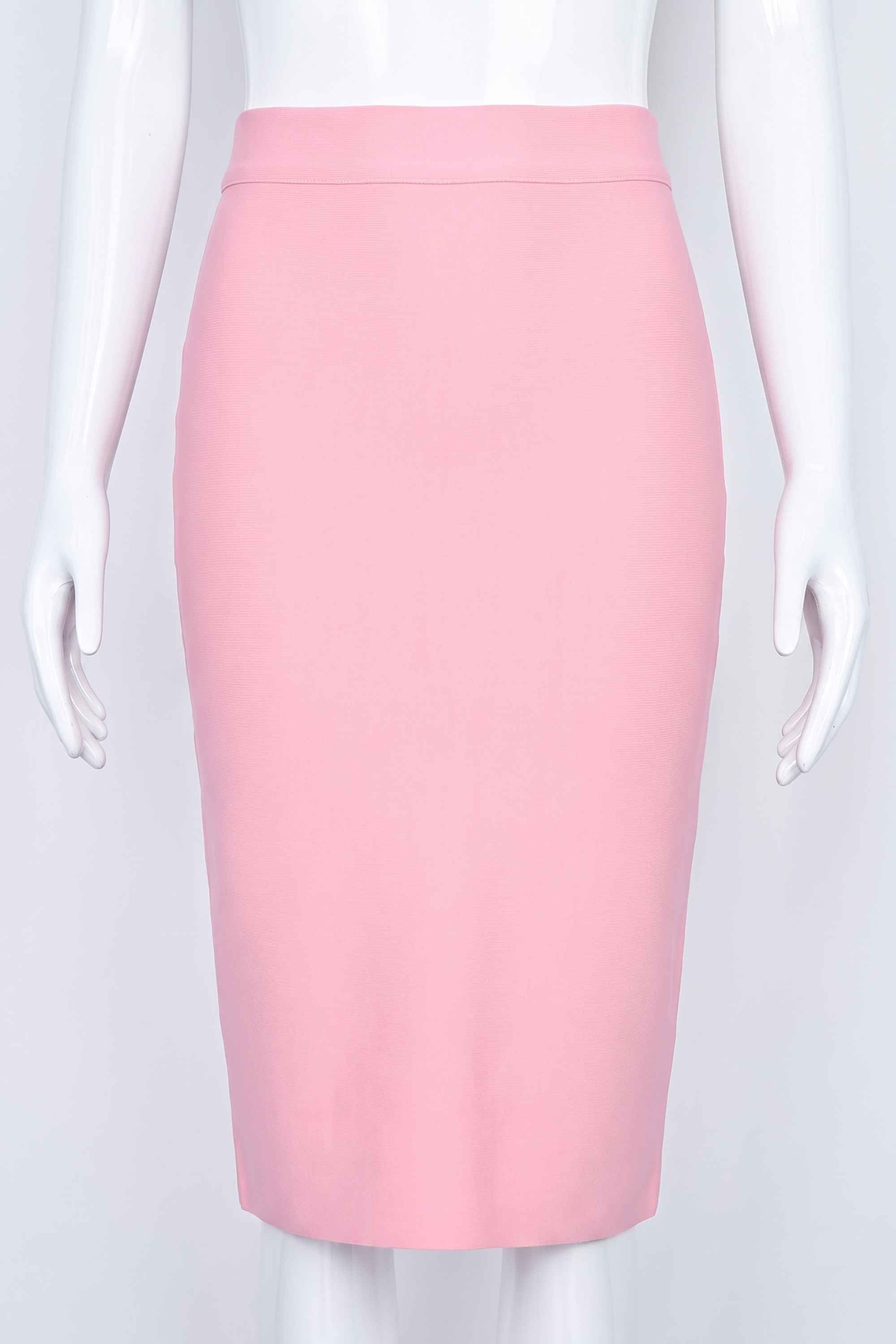 Woman wearing a figure flattering  Pencil High Waist Bandage Knee Length Skirt - Blush Pink BODYCON COLLECTION