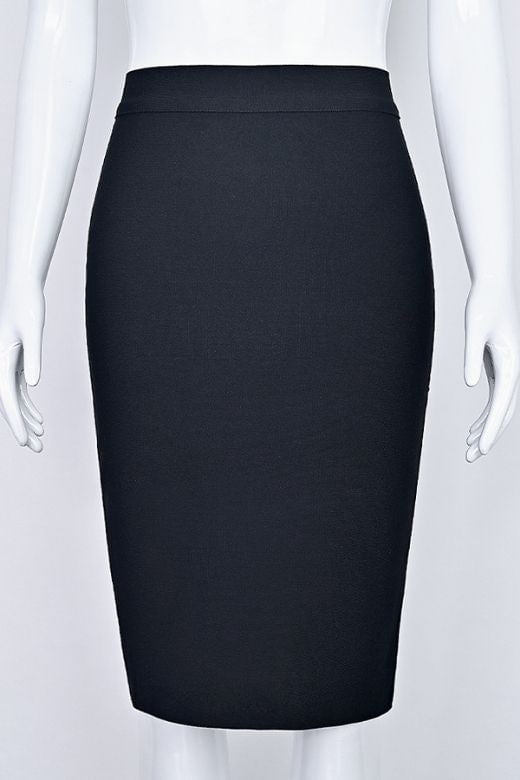 Woman wearing a figure flattering  Pencil High Waist Bandage Knee Length Skirt - Classic Black BODYCON COLLECTION